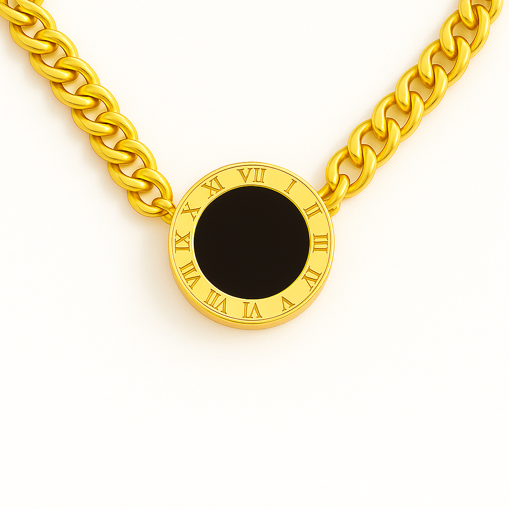 Gold chain necklace with a black pendant featuring Roman numerals on a white background
