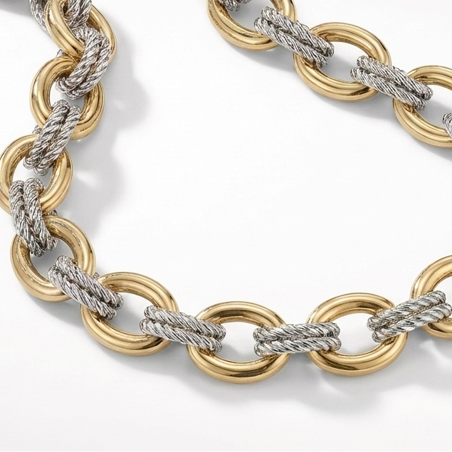 Gold and silver chain necklace on a white background