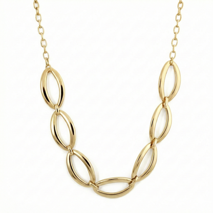 Gold necklace with interlocking oval links on a white background