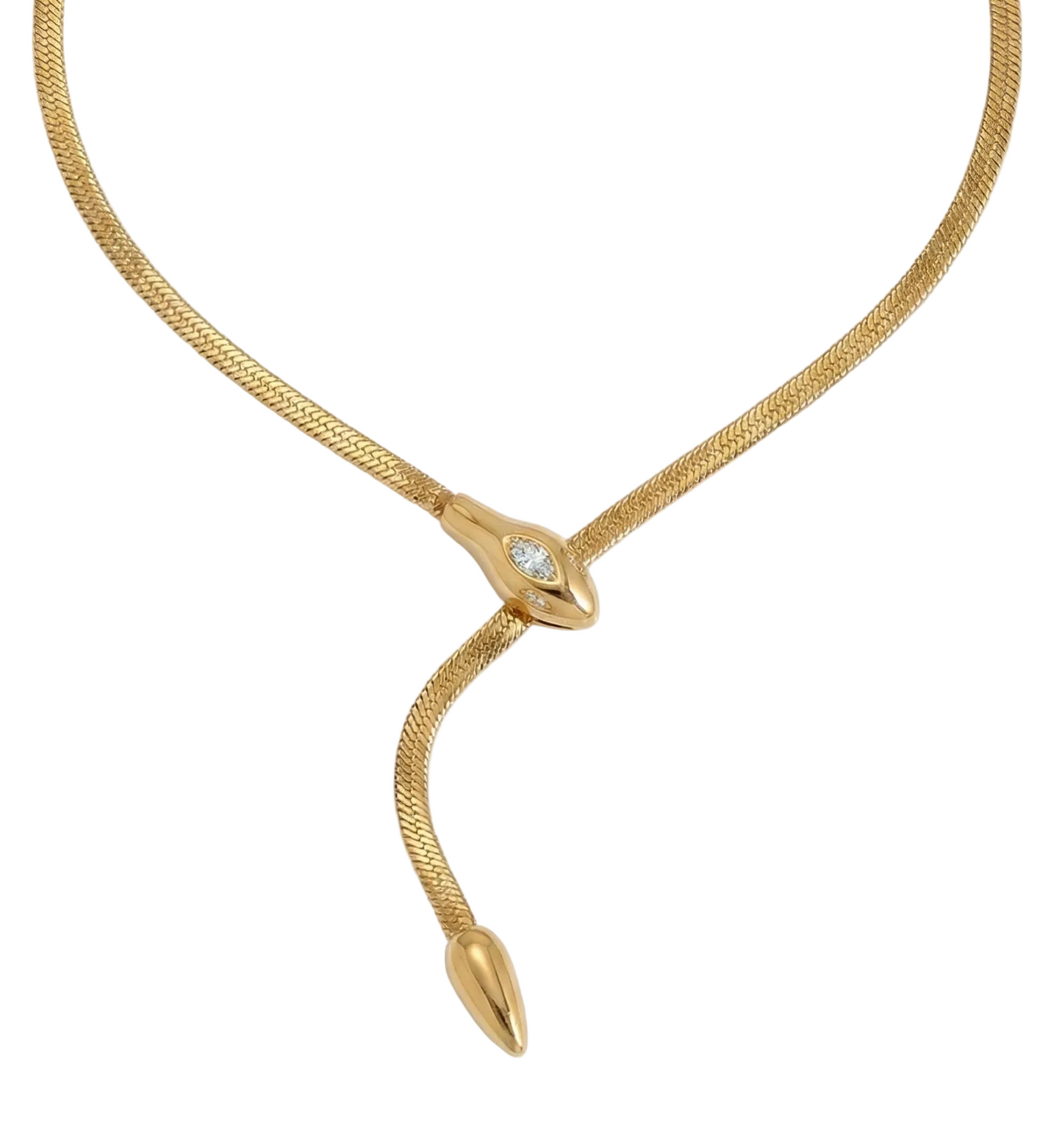 Gold snake-shaped necklace on a white background