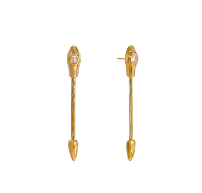Pair of gold earrings with a white background