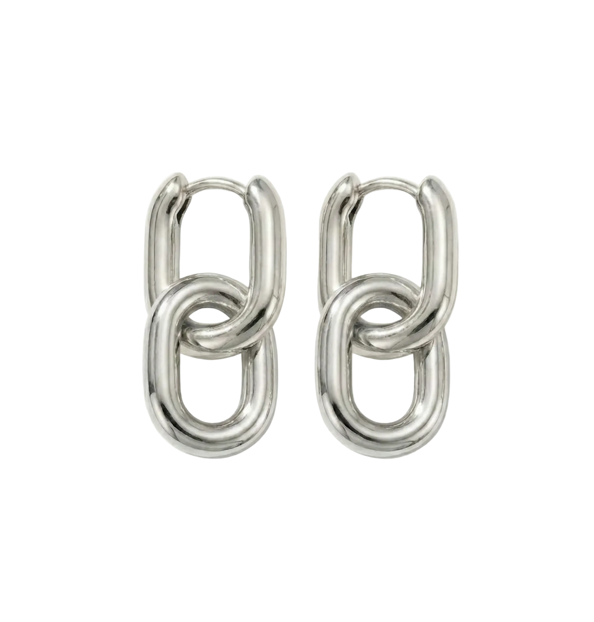Pair of silver hoop earrings with interlocking design on a white background