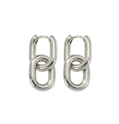 Pair of silver hoop earrings with interlocking design on a white background