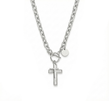 Silver necklace with a cross pendant on a white background