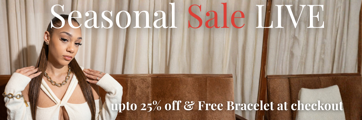 Woman wearing a white blouse with gold jewelry, promotional text for a seasonal sale.